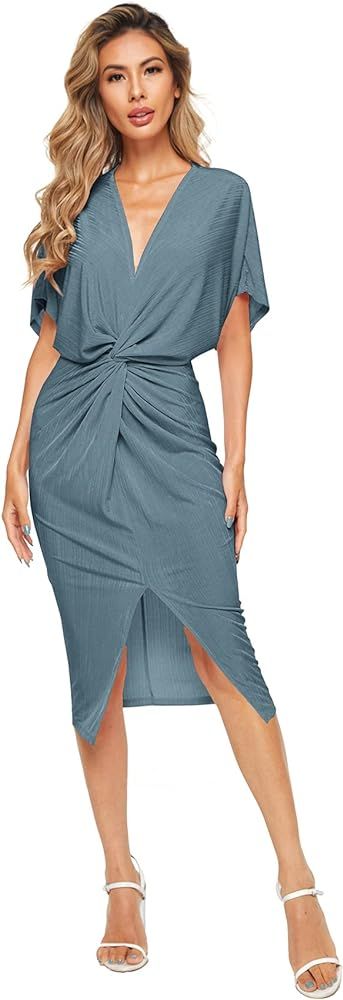 Floerns Women's Short Sleeve V Neck Twist Front Split Midi Dress | Amazon (US)