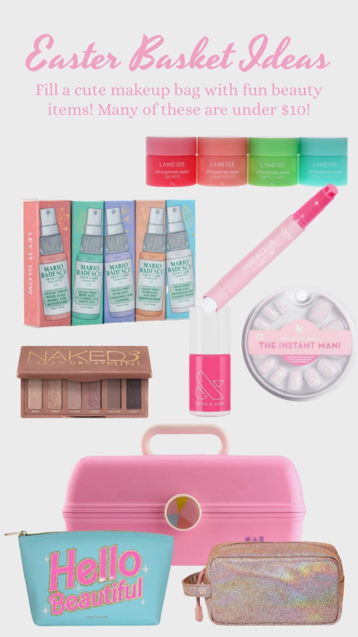 It’s almost Easter! Fill a makeup bag with cute items for a fun twist on an Easter basket! Several of these items are under $10!

easter basket for teens, easter basket for girls, easter basket idea, cute easter basket, easter gifts under $20, easter gifts under $10, easter basket under $10, easter basket under $20, Mario badescu mists, laneige lip mask, Tarte Maracuja juicy lip, olive and June press on nails, olive and June nail polish, best nail polish, urban decay naked palette, best eyeshadow palette, end of school year gift, summer gift, gifts for girls, gifts for teens, makeup bags, makeup pouch

#LTKGiftGuide #LTKbeauty #LTKSeasonal