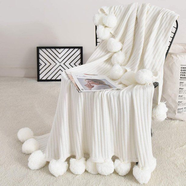 Fomoom Throw Blanket for Couch, 40 x 60 Inch White Pom Pom Throw Blanket Knit Blanket with Pom Po... | Walmart (US)