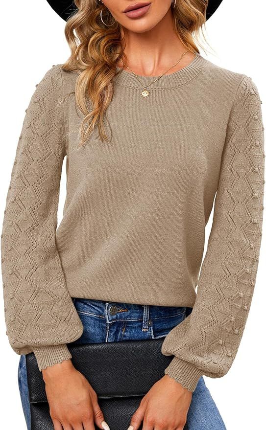 Fall Sweaters for Women 2023 Puff Short Sleeve Sweater Tops Knit Pom Pom Trendy Casual Blouses | Amazon (US)