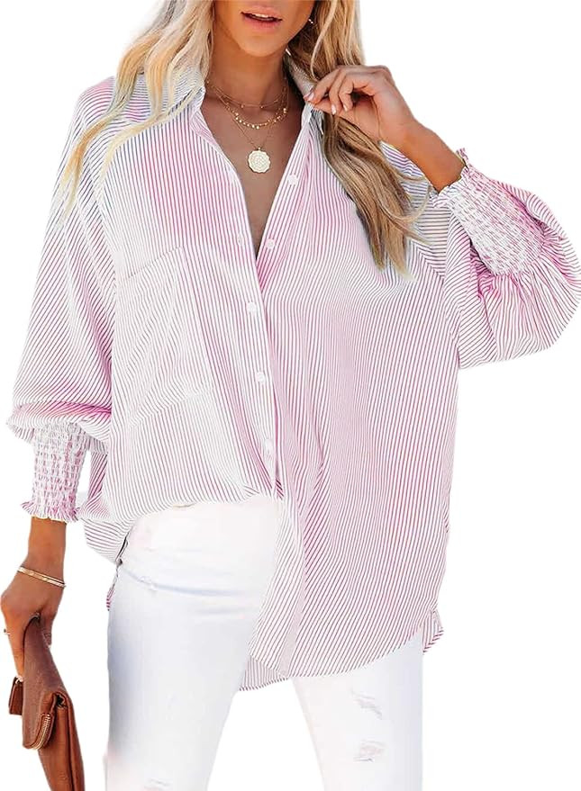 Womens Smocked Cuffed Striped Boyfriend Shirt Casual Collar Long Sleeve Oversized Button Down Blo... | Amazon (US)