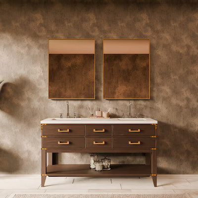 Lexora Greenberg 60-in Brown Oak Undermount Double Sink Bathroom Vanity with White Cultured Marbl... | Lowe's