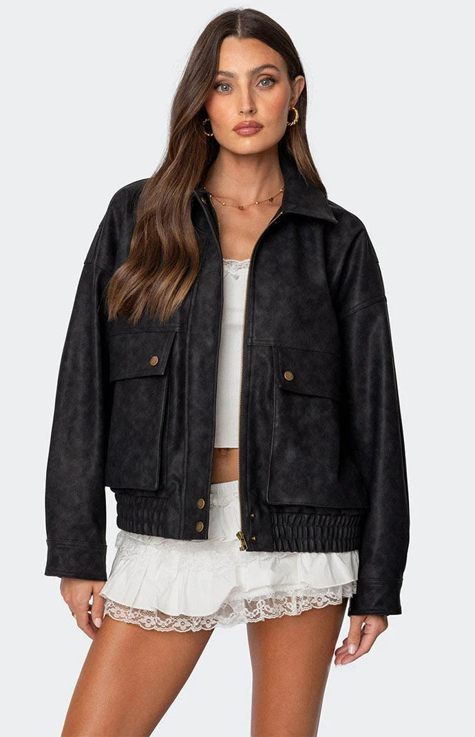 Edikted Women's Cargo Faux Leather Bomber Jacket in Black - Size Small | PacSun