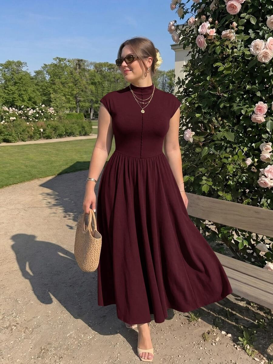 SHEIN MOD Plus Size Women's Brown High Neck Long Knit Dress,Valentine's Day,Wedding,Elegant Dresses,White Dress,Wedding Guest Dress For Women, Spring/Summer Outfits, Tea Party Outfit Women, Holidays, Birthday | SHEIN