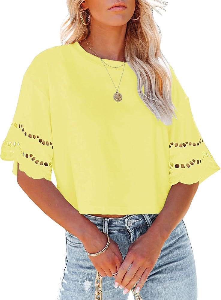 Yuccalley Women's Lace Short Sleeve Crop Tops Summer Casual Round Neck Tees | Amazon (US)