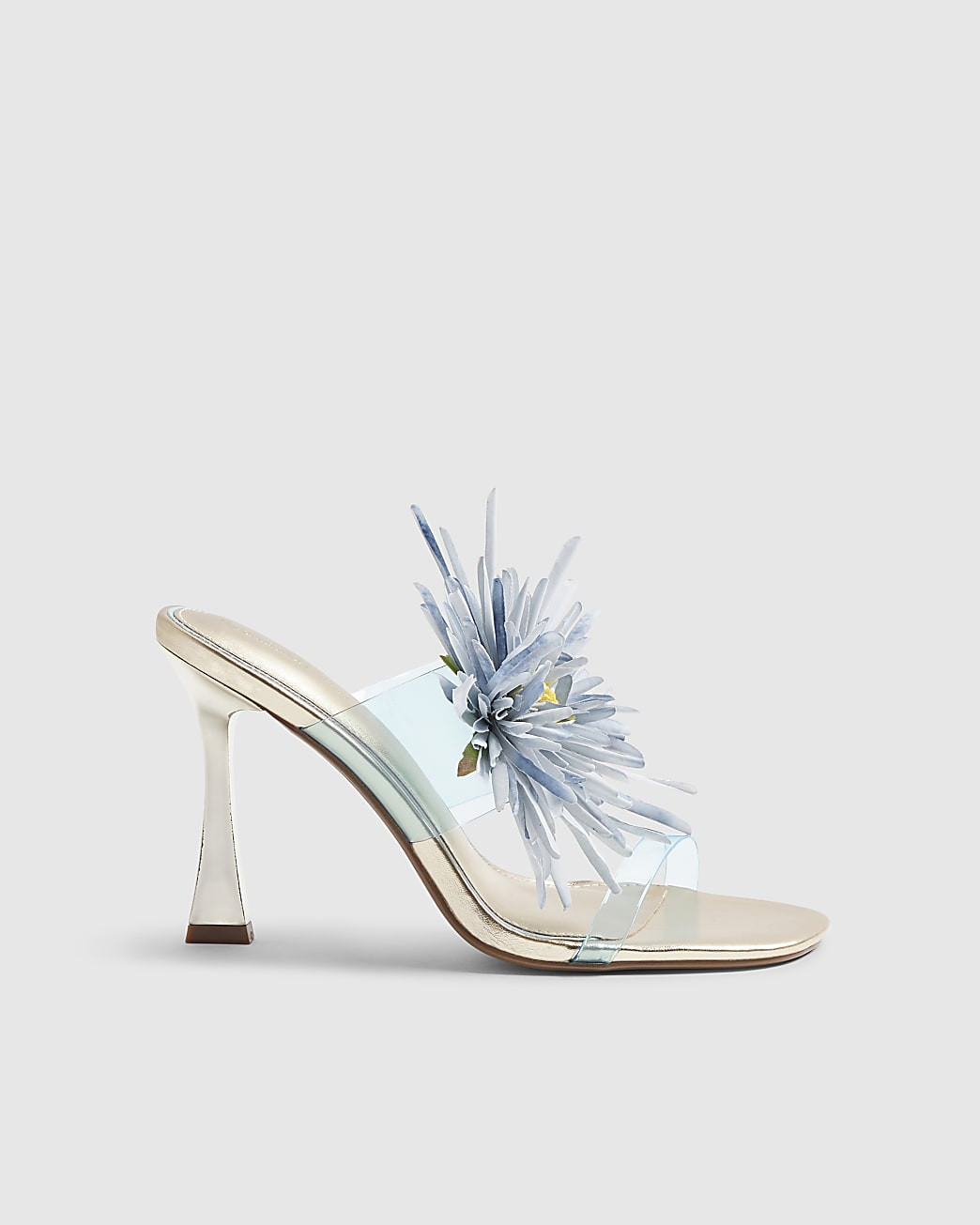 Blue Perspex Flower Heeled Mules | River Island UK & IE