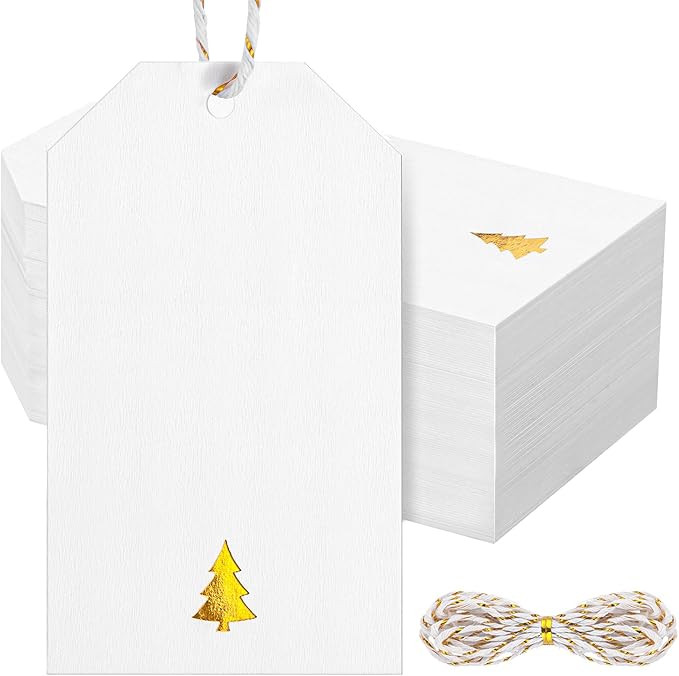 100 Pcs Christmas Gift Tags with String, 3.5 x 2 Inch White Gift Tags with Foil Christmas Tree De... | Amazon (US)