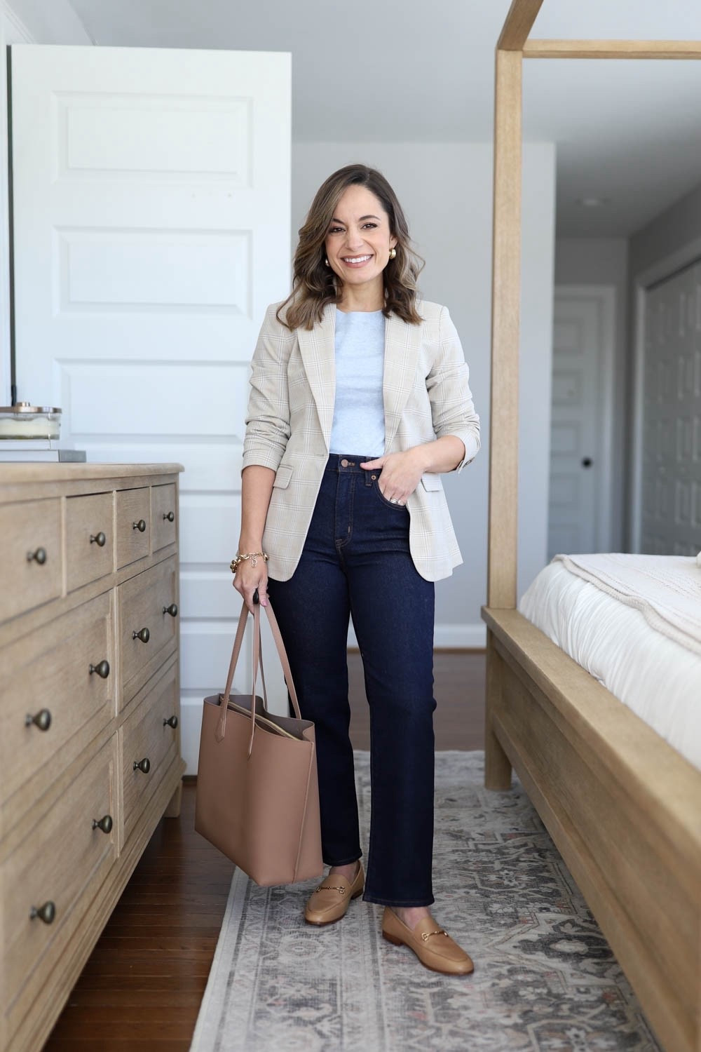 Petite-friendly outfits for work with jeans! 

Jeans: petite 24 - 10” rise, 26” inseam 
Sweater: xxs 
Blazer: petite 00 
Loafers: tts French sand 
Tote: quince 

#LTKPetite #LTKWorkwear