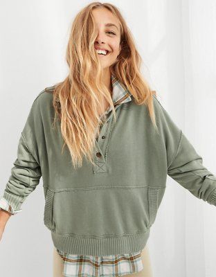 Aerie Oh Snap! Weekend Henley Mockneck Sweatshirt | American Eagle Outfitters (US & CA)