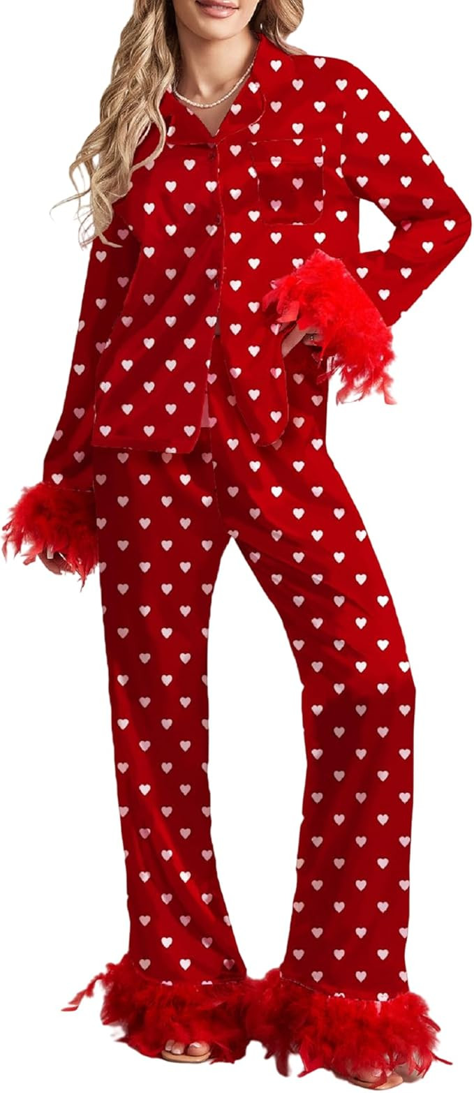 Faretumiya Women Valentine Day Pajamas Heart Bow Print Silk Pjs Feather Trim Long Sleeve Shirt Pj... | Amazon (US)