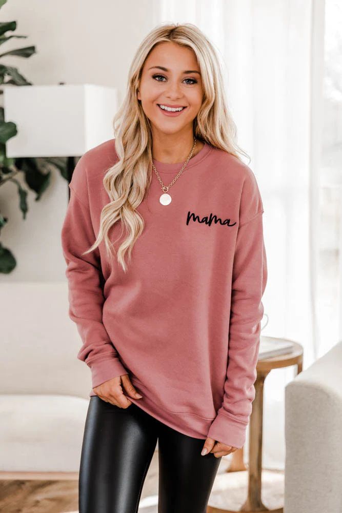 Mama Embroidered Script Mauve Graphic Sweatshirt | Pink Lily