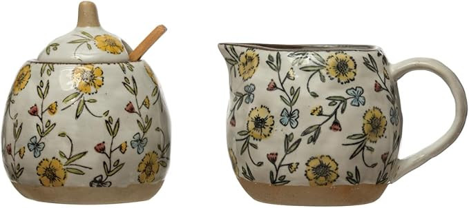 Creative Co-Op Hand-Painted Spoon and Lid, Stoneware Creamer, Set of 3 Sugar Pot, 9" L x 4" W x 4... | Amazon (US)