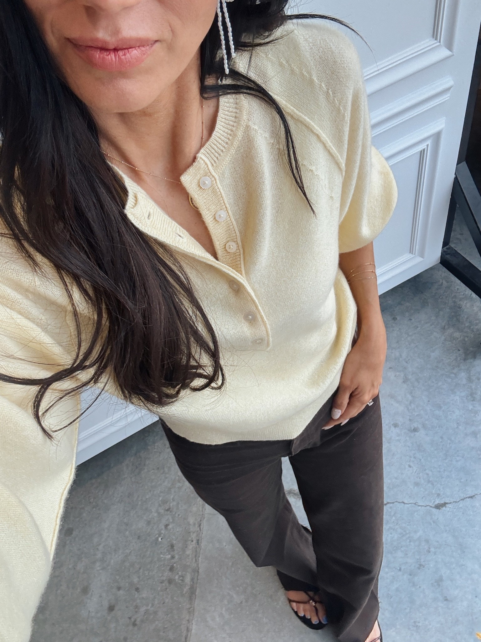 My very favorite top- now in butter yellow  + the most fabulous brown jeans from @Pistola Denim