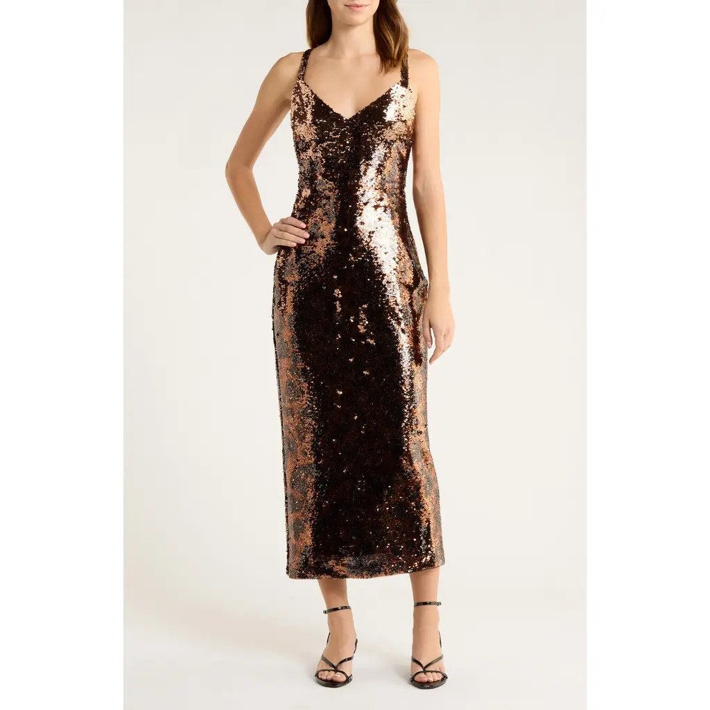 L'AGENCE Noella Leopard Sequin Midi Sheath Dress in Brown Multi Amur Leopard at Nordstrom Rack, Size 0 | Nordstrom Rack