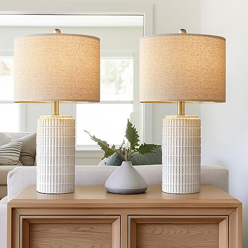 PoKat 23" Modern Ceramic Table Lamp Set of 2 for Living Room White Desk Lamps for Bedroom Farmhouse Bedside Nightstand Bedside Lamp End Table Lamps Beige | Amazon (US)