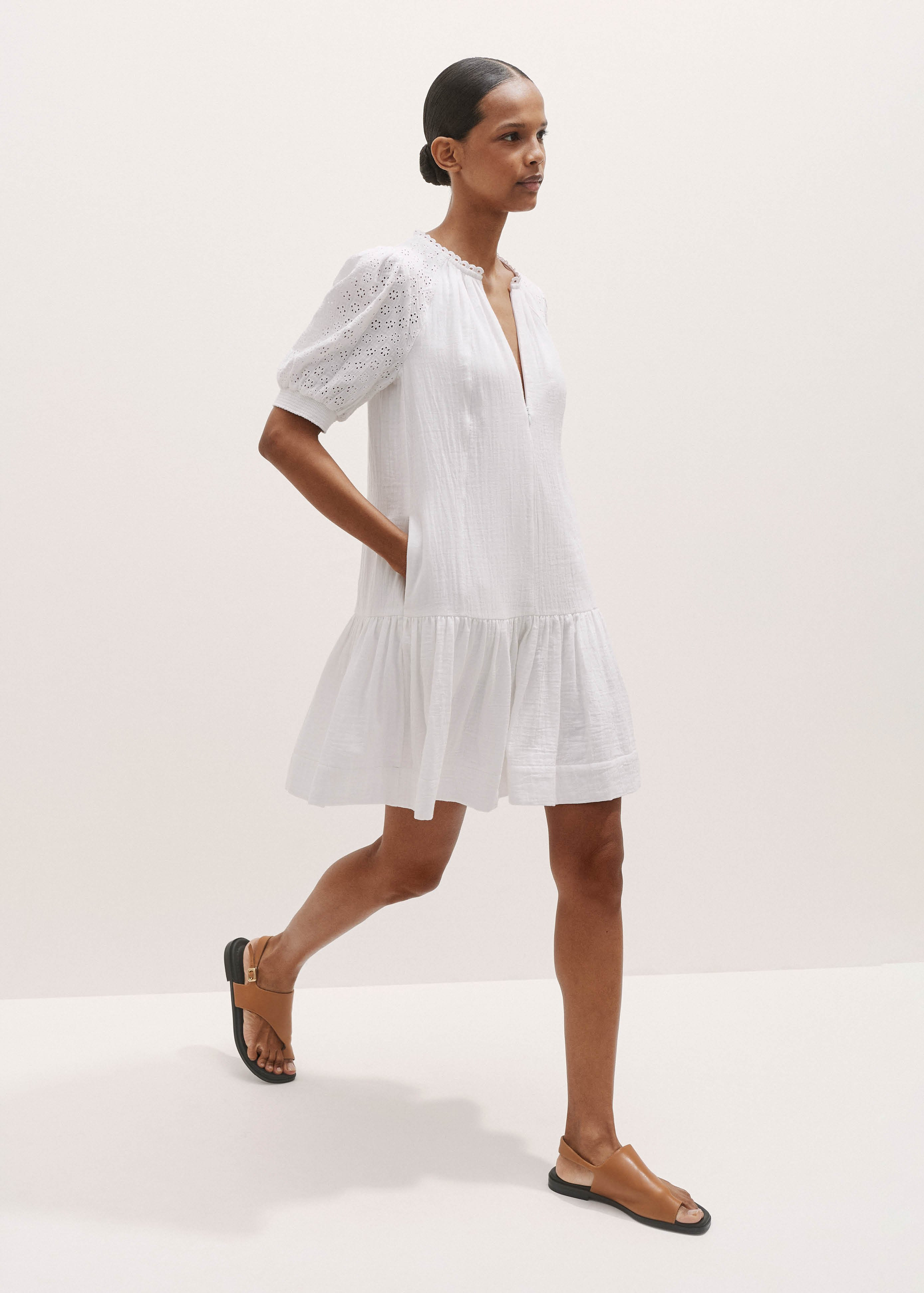 Women's White Embroidered Cheesecloth Short Dress | ME+EM | ME+EM US