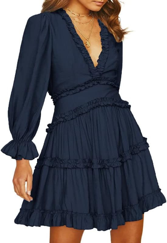 Dokotoo Womens 2023 Spring Summer Deep V Neck Ruffle Long Sleeve Floral Print Mini Dress | Amazon (US)