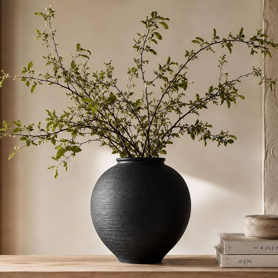 Large Blak Ceramic Vase - 9 Inch Large Black Round Vase, Rustic Farmhouse Vase for Home Decor, Di... | Amazon (US)