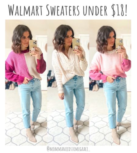 Sized up to a M in the 2 sweaters on the end. Size small on the one in the middle. Walmart jeans also on sale for $20!! 

#LTKunder50 #LTKstyletip #LTKsalealert