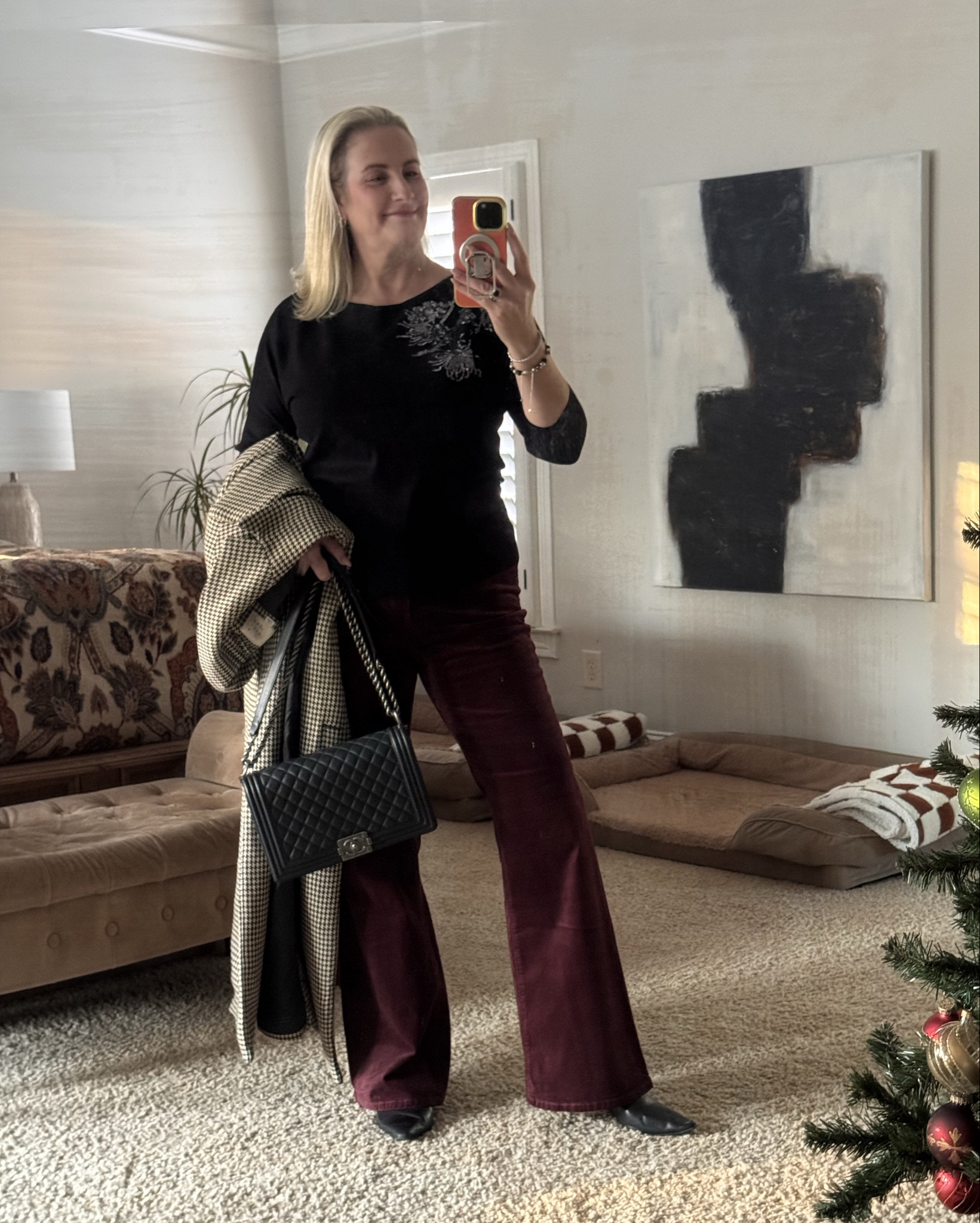 Christmas/holiday party outfit!  These velvet pants are so comfy and so affordable.  Sweater and jacket are past season but will link similar

Women’s holiday outfit, casual holiday outfit, office holiday party, festive casual party outfit, holiday sweater, velvet pants, plaid coats, black leather bags  #holidayoutfit #womensoutfit 
 

#LTKdayinmylife #LTKOver40 #LTKMidsize