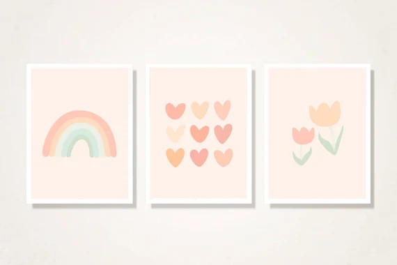 Cute Art Print for Nursery Set of 3 Rainbow Hearts Flowers | Etsy Canada | Etsy (CAD)
