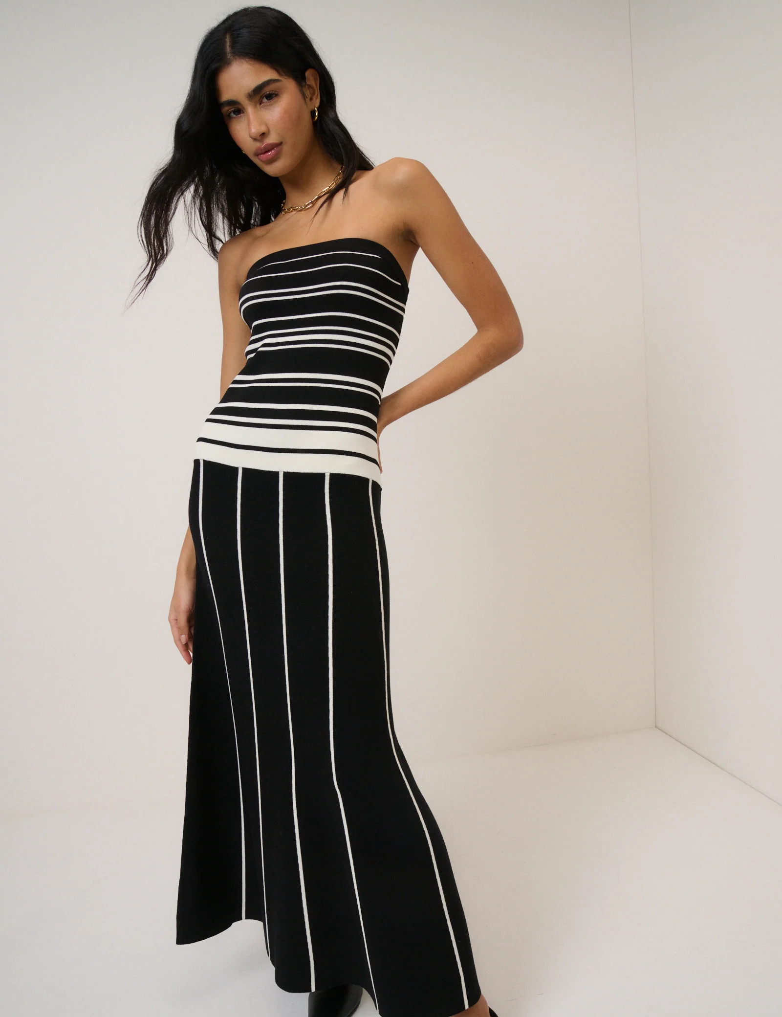 Black Striped Knitted Bandeau Midi Dress | Nobody's Child