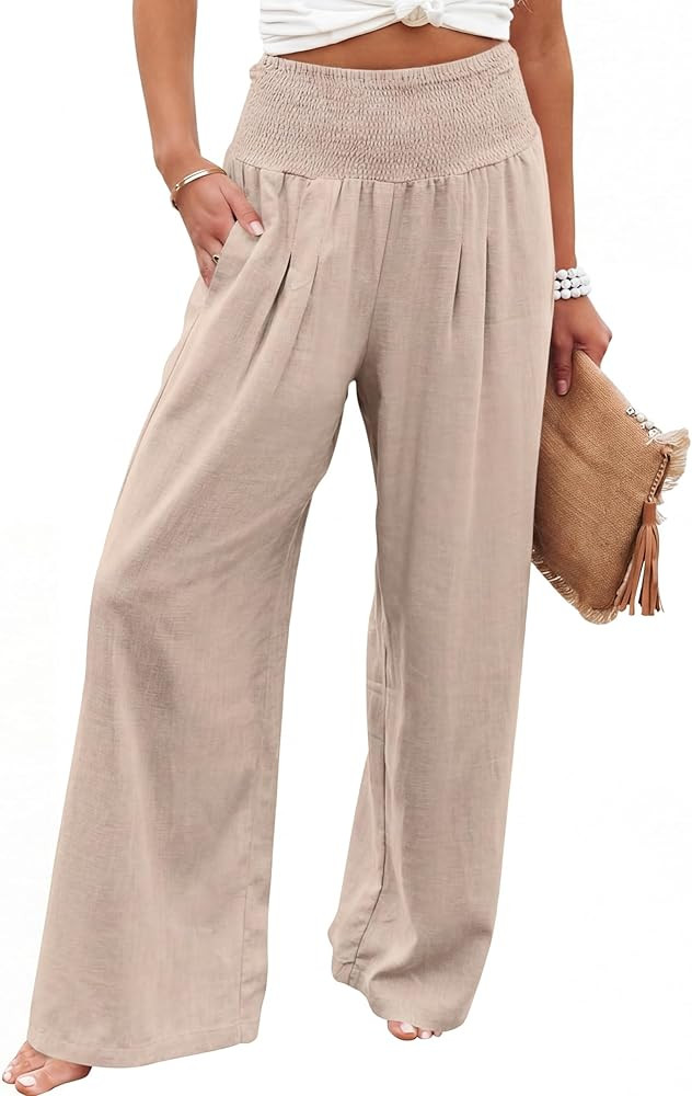 Women Linen Palazzo Pants Summer Boho Wide Leg High Waist Casual Lounge Pant 2026 Beach Travel Va... | Amazon (US)