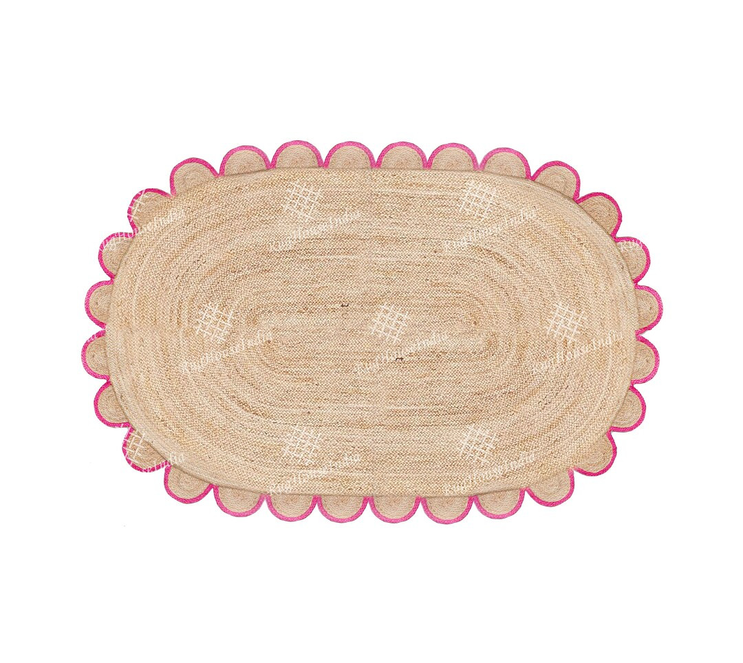 Pink/Grey Oval Scalloped Jute Rug, Custom Size/Color Scallop Rug, Natural Jute Area Rug/Doormat/R... | Etsy (US)