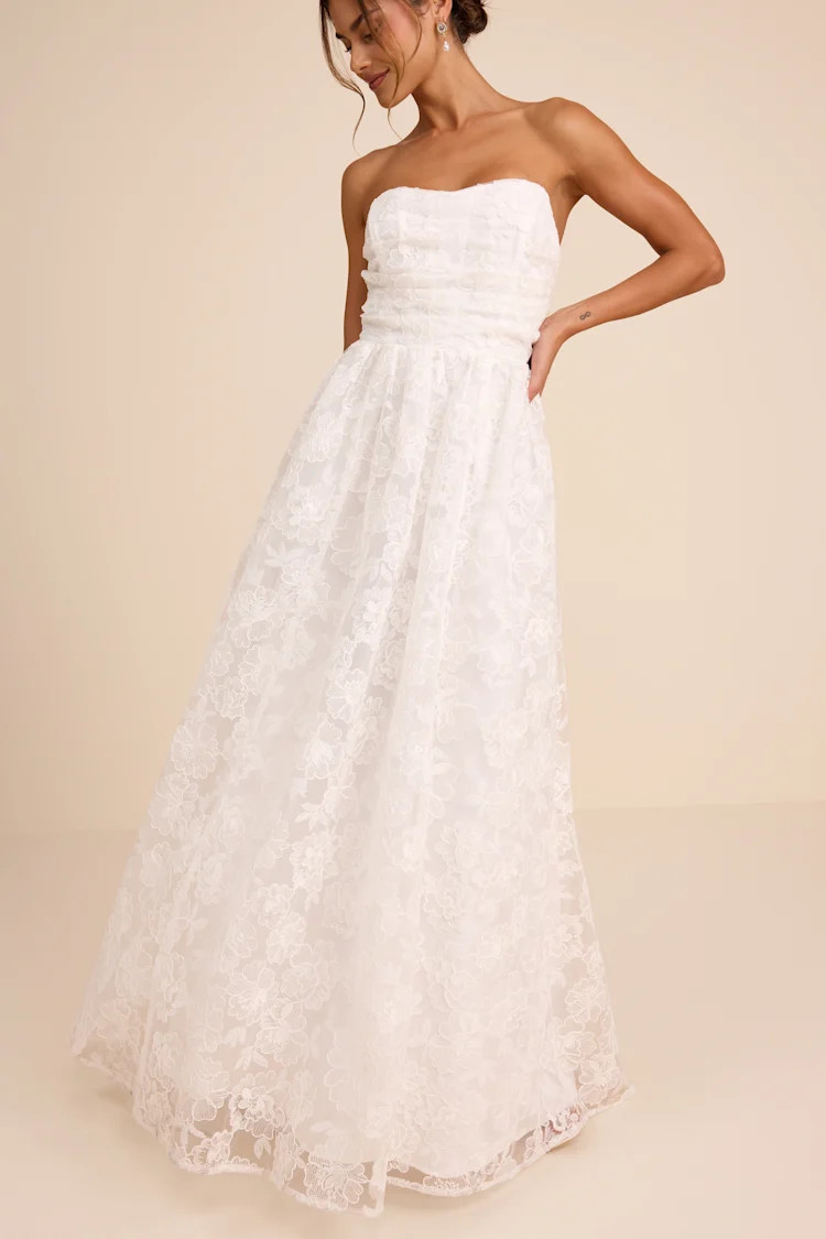 Roslyn White Embroidered Strapless Bustier Maxi Dress | white wedding dress  | Lulus