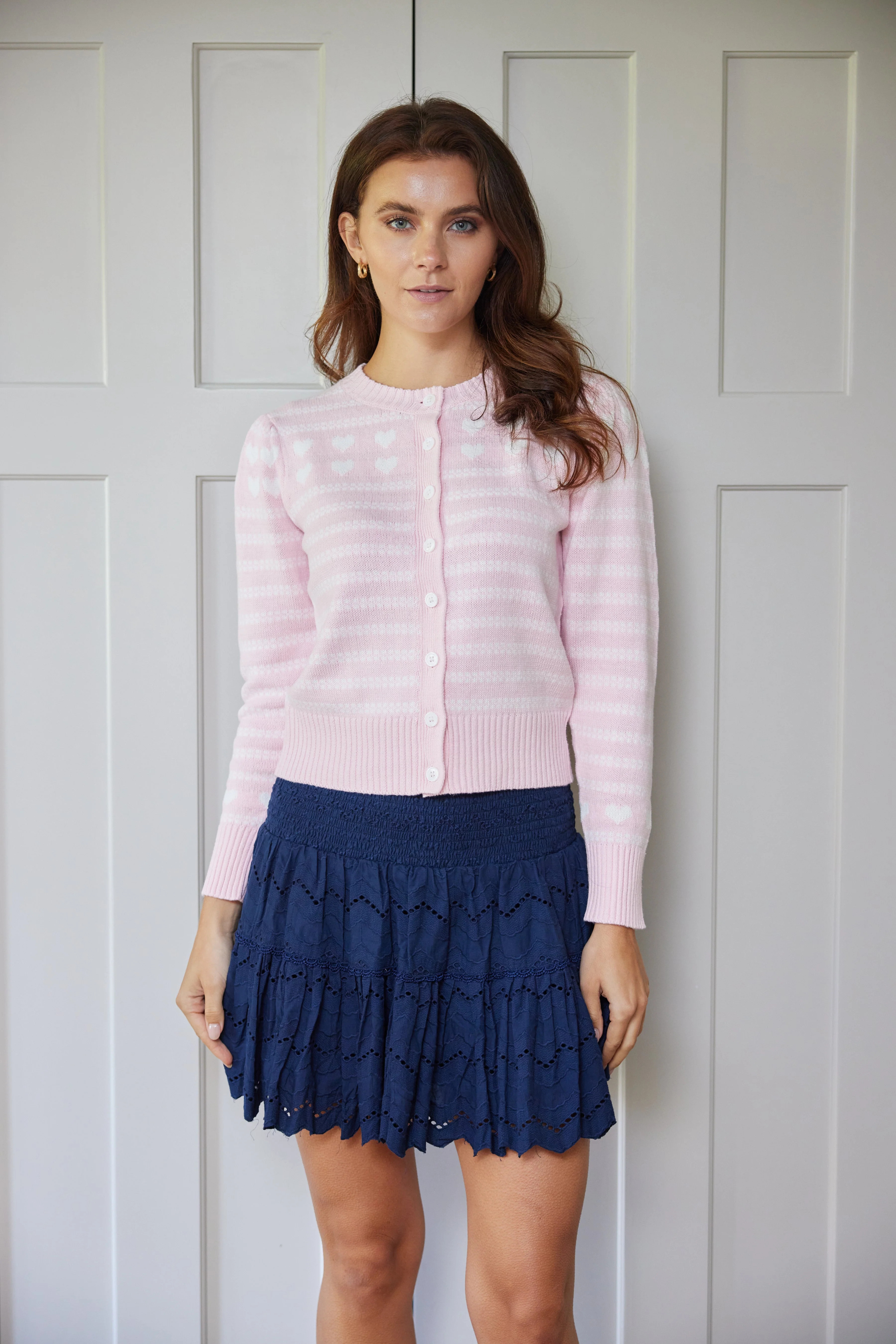 Blush & White Puff Sleeve Heart Cardigan | Sail to Sable
