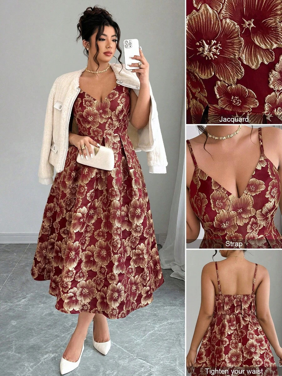 Elenzga Plus Size Women Jacquard Elegant Spaghetti Strap Dress, Suitable For Wedding Guest, Autum... | SHEIN