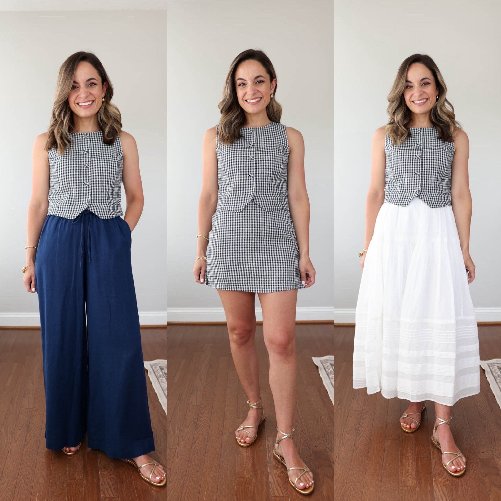 One petite friendly cropped vest three ways! 

A true crop, I add a camisole underneath to keep from showing my midsection (just personal preference). 

Vest: xs 
Pants: petite xs (10.5” rise, 26” inseam) runs large I suggest a size down 
Skort: xs runs small may want to size up 
Skirt: petite xxs true to size