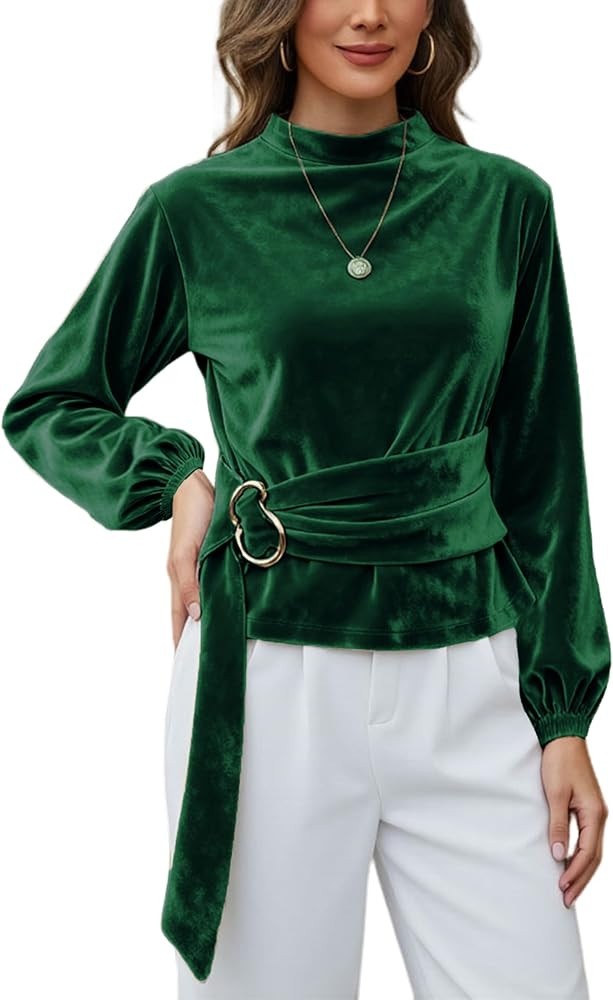 Yeokou Women Buckle Tie Velvet Top Stand Collar Belted Long Sleeve Elegant Fall Vintage Dressy Bl... | Amazon (US)