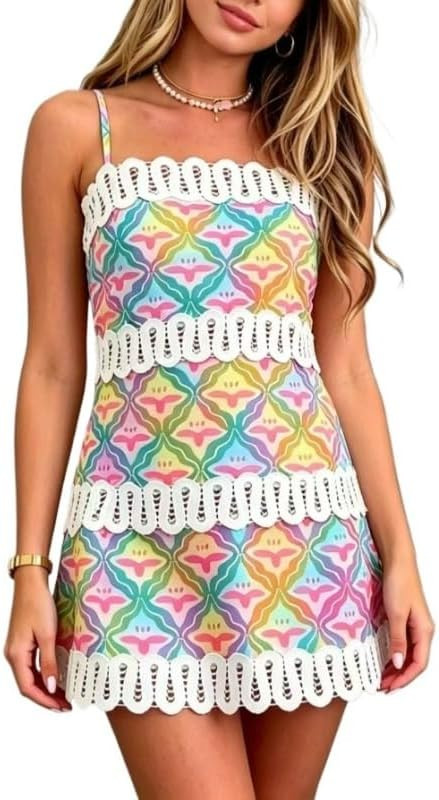 Women's Summer Linen Spaghetti-Strap Lace Beach Resort Dress | Amazon (US)