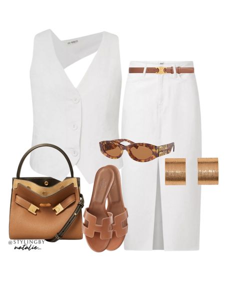 White waistcoat, white denim skirt, tan accessories, celine belt, Tory Burch Radziwell bag, Hermes sandals, gold earrings & Miu Miu tortoise shell sunglasses.
Summer outfit, casual chic, classy style, white outfit.

#LTKeurope #LTKsummer #LTKstyletip