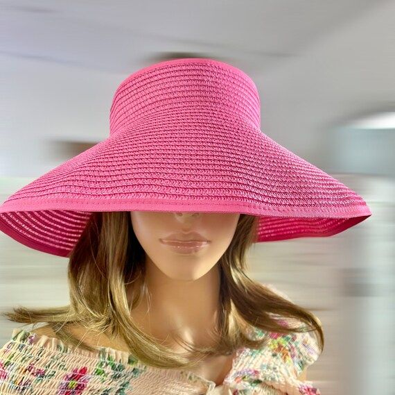 Women's UPF 50+ Wide Brim Roll-up Straw Sun Hat Sun Visor Pink | Etsy (US)