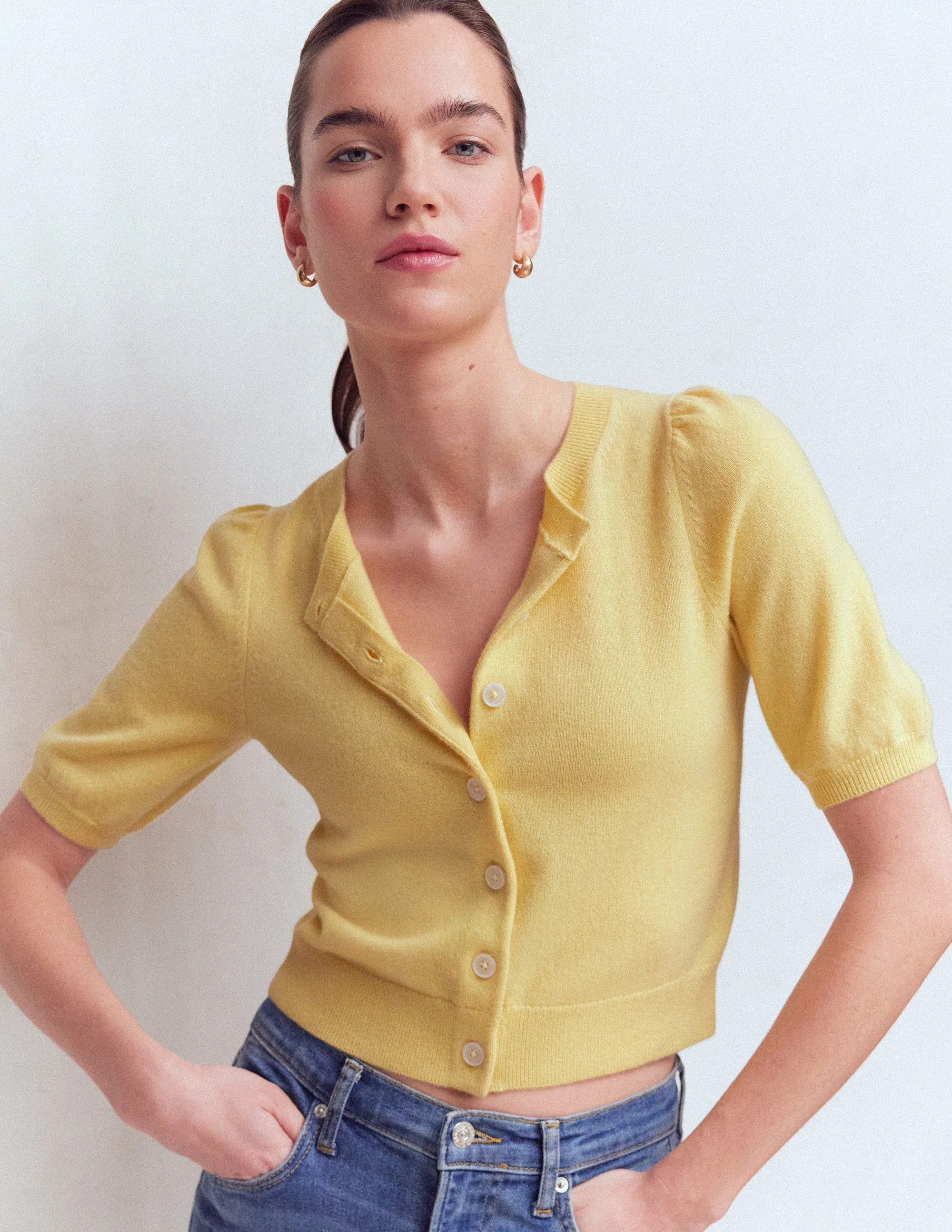 Cropped Cashmere Cardigan-Sandstone Yellow | Boden UK