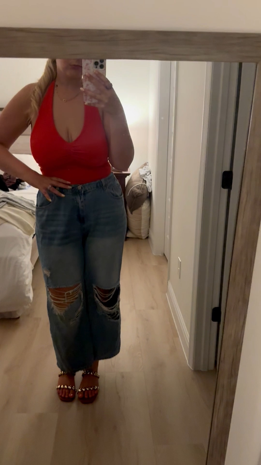 Casual, cute, and budget-friendly 💃❤️ This red halter top paired with frayed denim and dressy sandals is the perfect affordable date night outfit. Whether you’re strolling downtown, grabbing dinner, or heading out for drinks with friends, this look is effortlessly chic without breaking the bank.

#DateNightOutfit #AffordableFashion #CasualStyle #SummerStyle #RedTop #DenimStyle #BarOutfit #WeekendStyle #LTKStyle #LTKFinds #ShopMyStyle #BudgetFriendlyFashion #EverydayOutfit #OOTD #StyleInspo