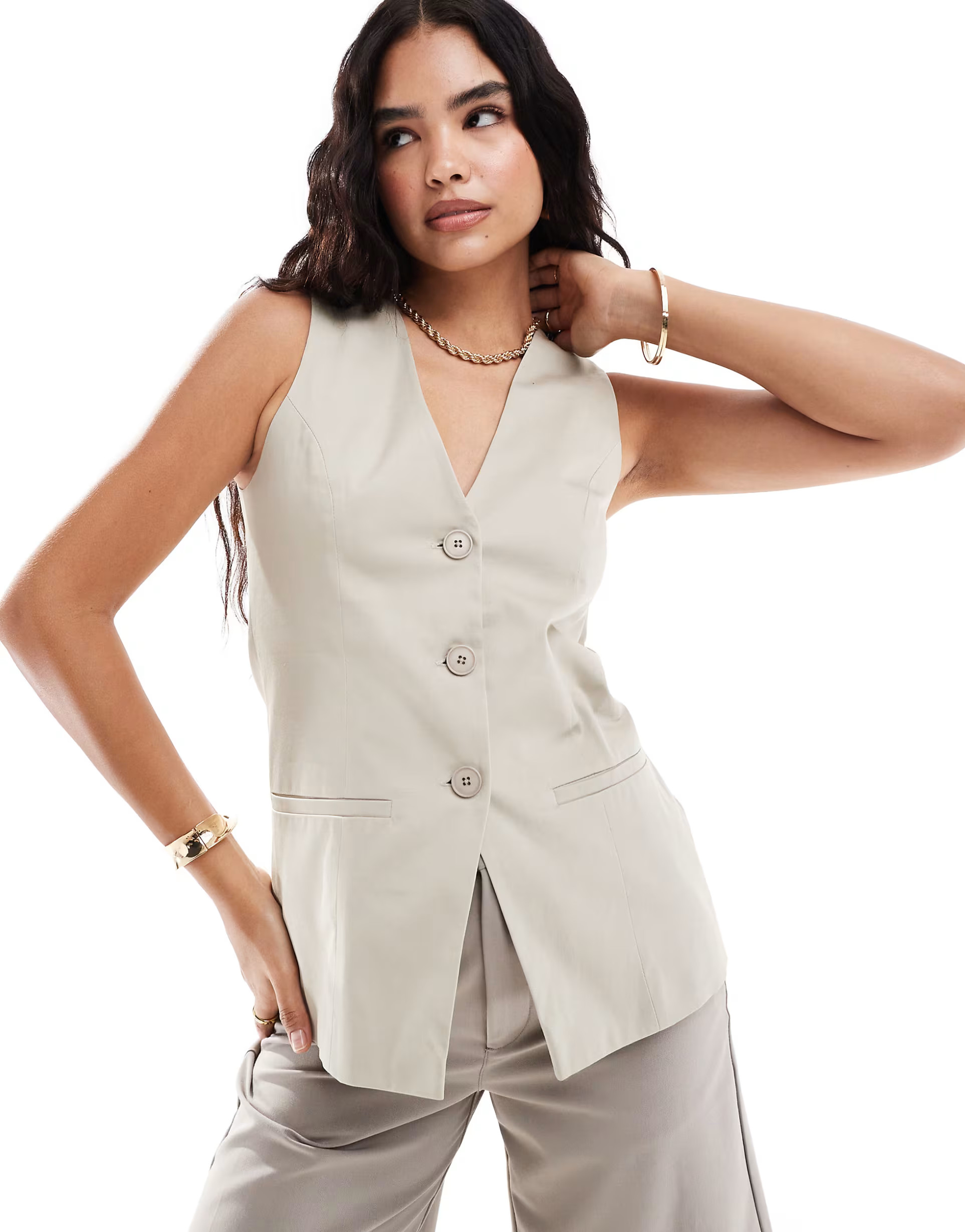 ASOS DESIGN longline waistcoat in stone | ASOS (Global)