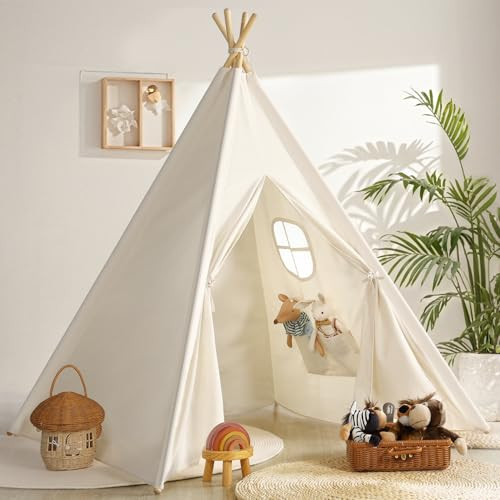 Sumbababy Teepee Tent for Kids Indoor - Natural Canvas Kids Play Tent - Washable Tipi Sleepover Tents with Lights & Carry Bag, Outdoor Toddler Tents for Girls & Boys - Foldable Playroom Gift Toys | Amazon (US)