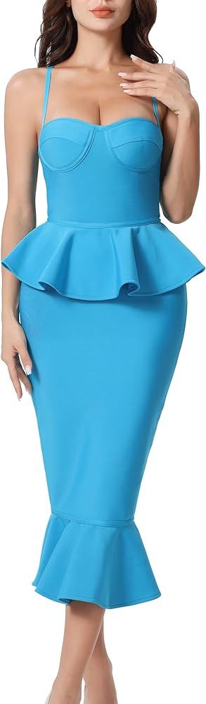 Elegant Midi Bodycon Sleeveless Spaghetti Strap Fishtail Bandage Dresses for Women Cocktail Party... | Amazon (US)