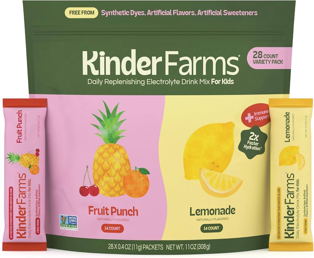 Amazon.com: KinderFarms Kids Daily Hydration Electrolyte Powder \u2013 Drink Mix Packets (Variety Pack, 28 Count), No Artificial Dyes, Sweeteners or Flavors - Vegan, Non-GMO, Gluten-Free, FSA-HSA : Baby | Amazon (US)
