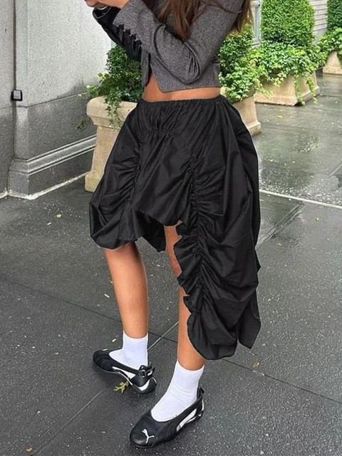 TARUXY Folds Black Mini Skirt For Women High Waist Fashion Asymmetrical Loose Skirts Female 2023 Street New Fashion Skirt Woman | AliExpress (US)
