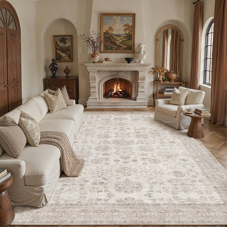 PureCozy 8x10 Living Room Area Rug Beige Washable Vintage Floral Carpet | Amazon (US)