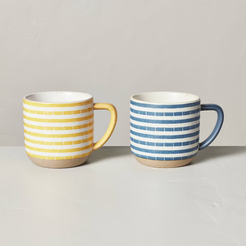 2pk 13oz Stoneware Clipped Stripe Mug Set Gold/Blue/Cream - Hearth & Hand™ with Magnolia | Target