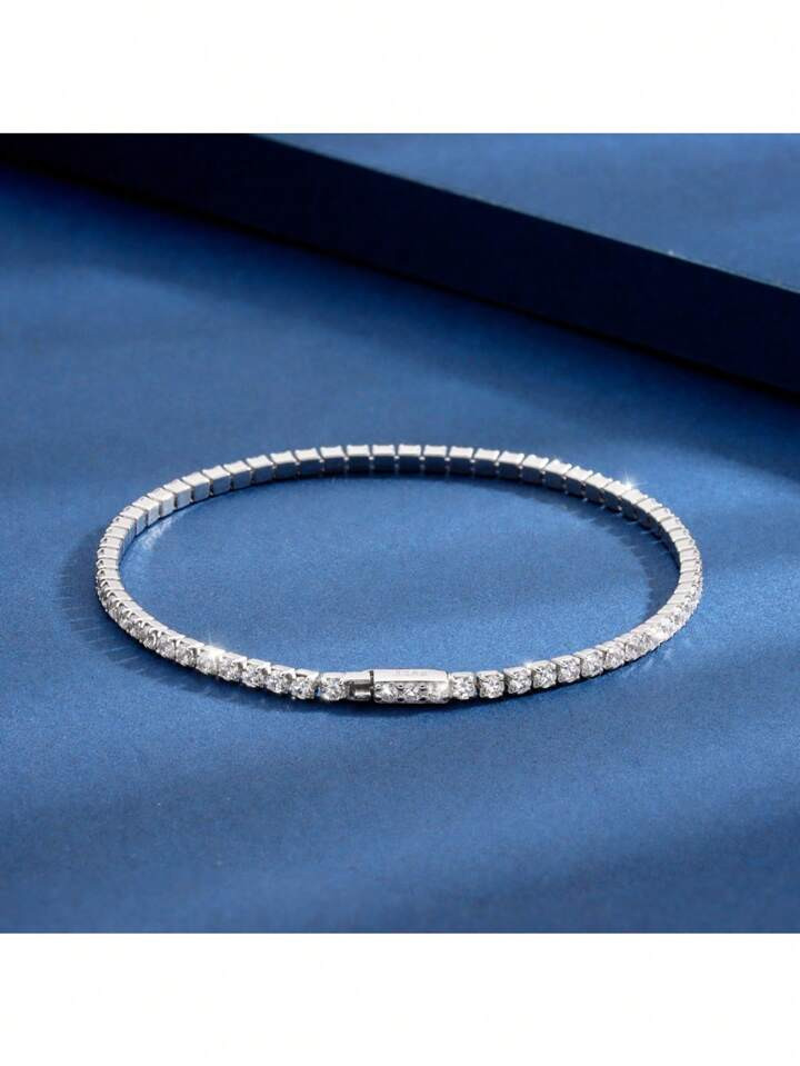 S925 Sterling Silver Full Diamond 2mm Prong-Set Tennis Bracelet, Roman Style, Fashionable Elegant... | SHEIN