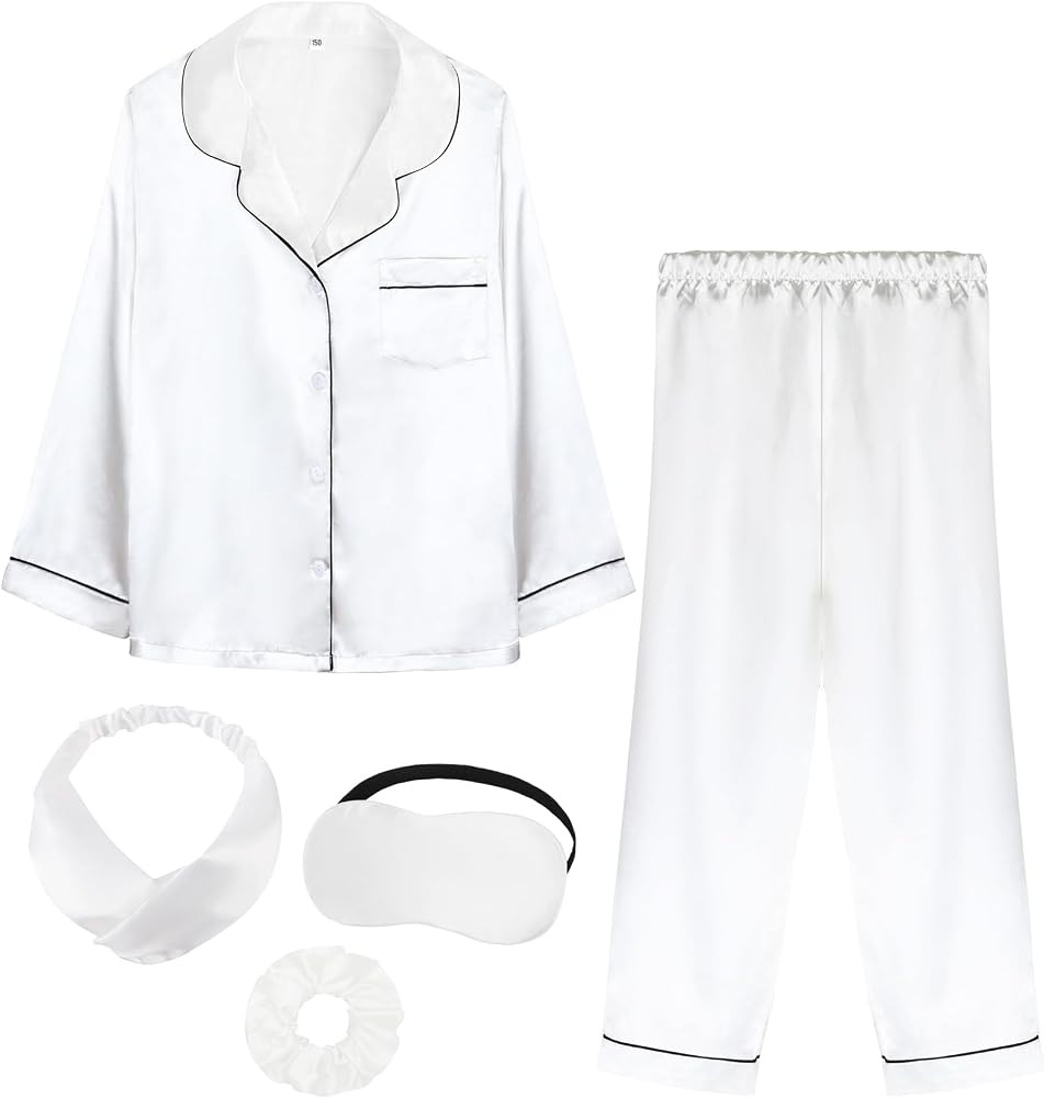 Kids Girl Pajama Set with Headband Blindfold Hair Tie Toddler Boy Girl Satin Silky Button-up Paja... | Amazon (US)