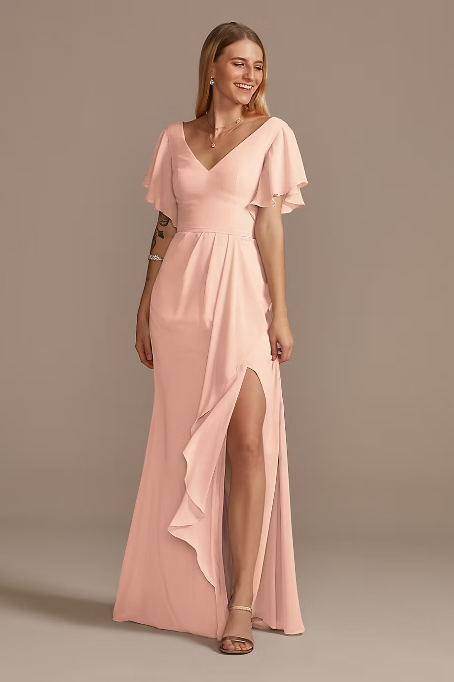 Celebrate DB Studio Flutter Sleeve Dress With Cascade in Petal Size: 30 David's Bridal | David's Bridal