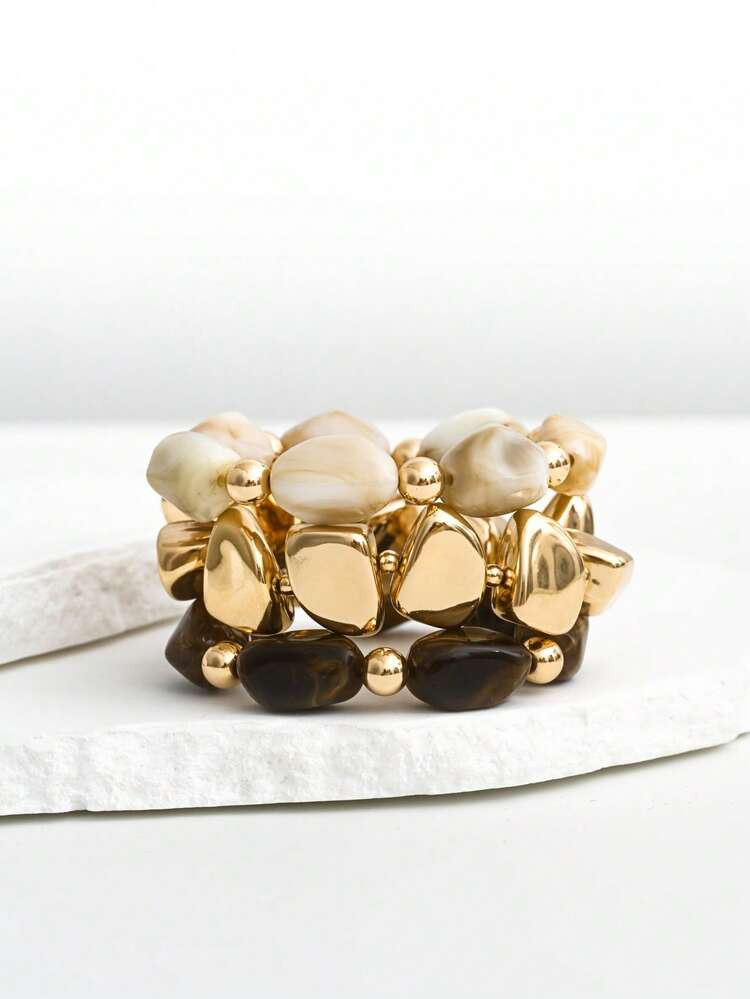 EMERY ROSE 3pcs/Set Vintage Exaggerated Bohemian Thick Multi-Layer Brown Acrylic Beaded Bracelet, Luxury High-End For Women, Couples, Party, Daily Wear | SHEIN