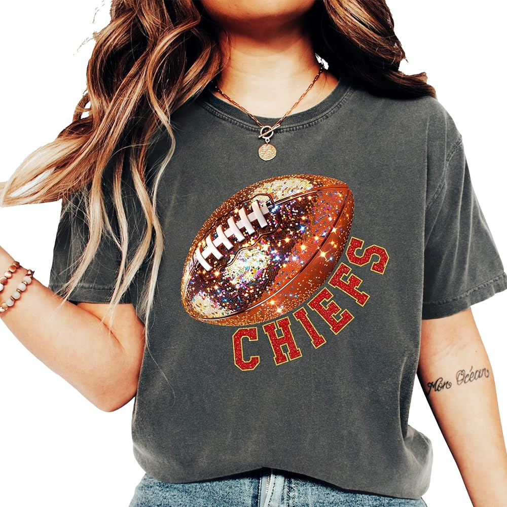 Chiefs Faux Glitter Football Shirt for Women and Teens Game Day Tee | Amazon (US)